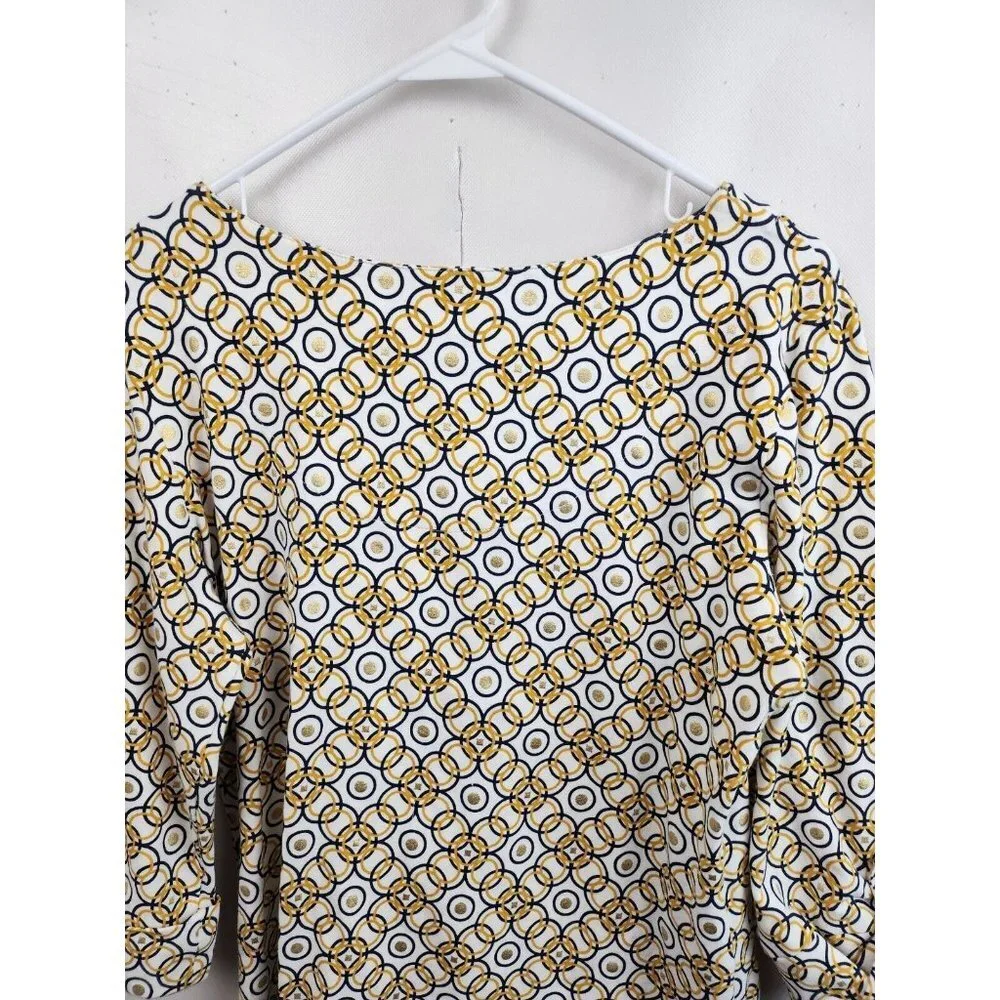 Lark Lane Yellow Blue Circle Print Qortek Button Tab Sleeve Blouse‎ Medium